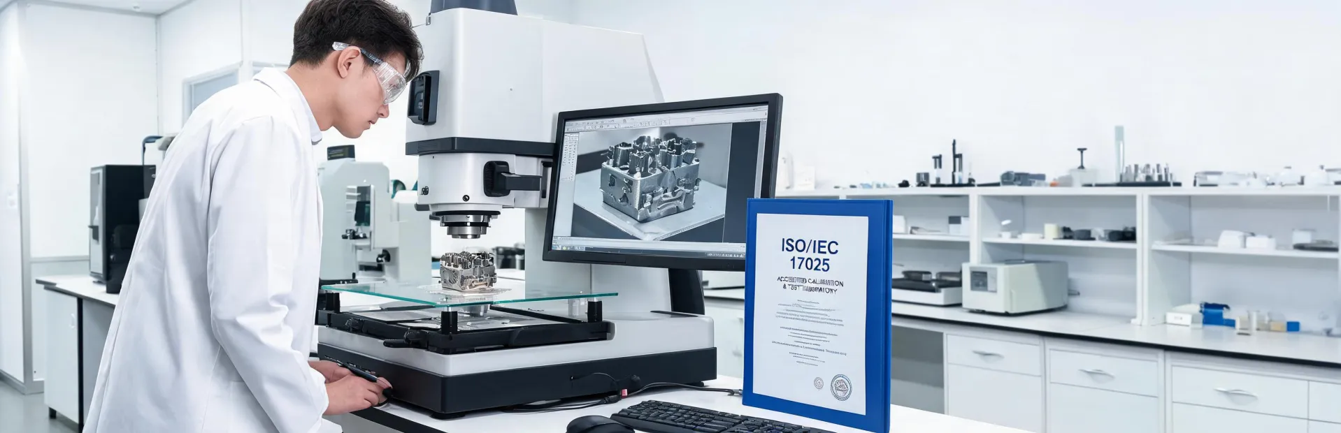 Metrology lab overview with vision measuring system and certificate folder