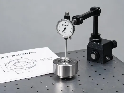 Dial indicator with magnetic base on a machined fixture