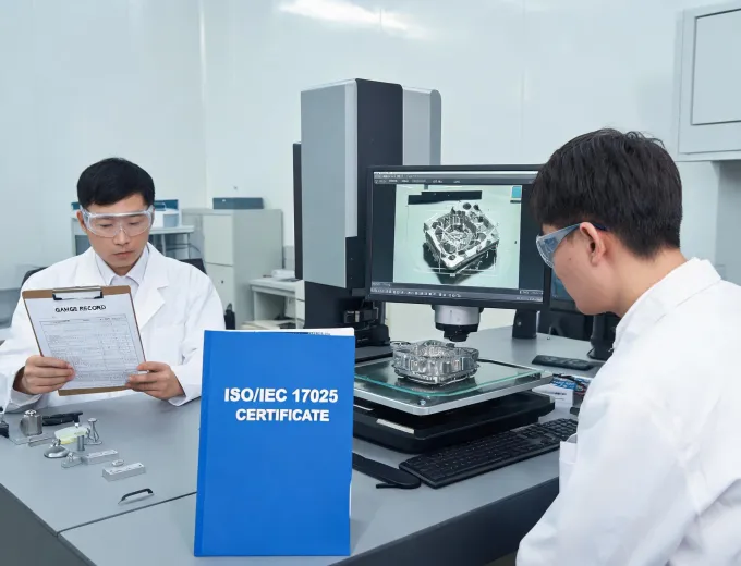 Metrology technician preparing calibration evidence beside a vision system