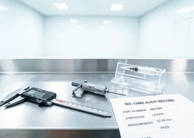 Medical device inspection bench with caliper and depth micrometer