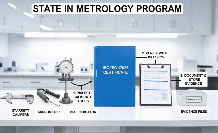 Controlled metrology bench with calibrated tools and certificate folder